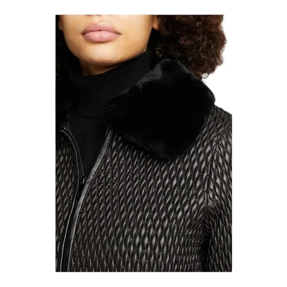 KELLI KOURI Quilted Vegan Leather Jacket w/ Fur Collar Medium - Picture 5 of 13